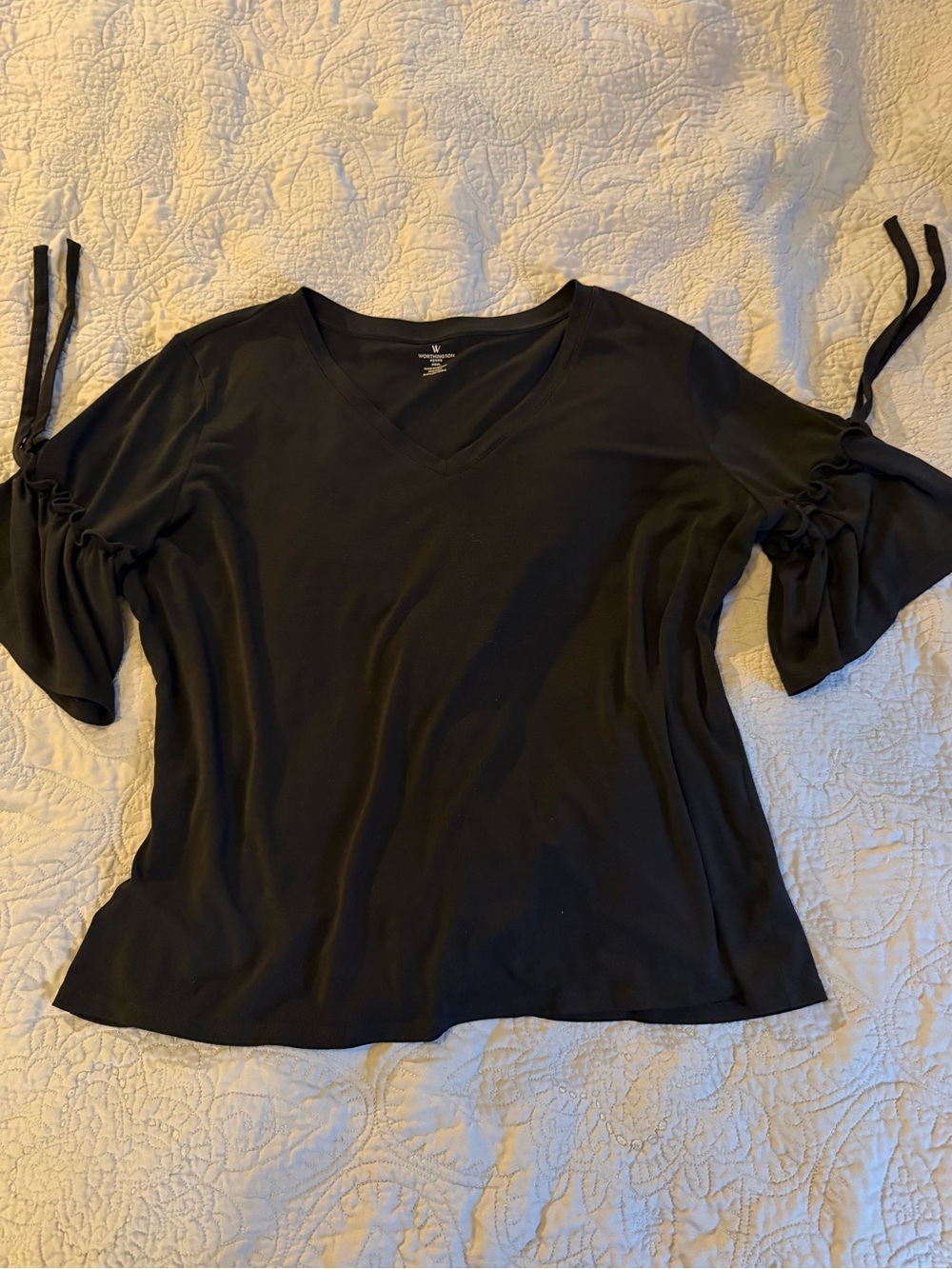 Worthington Black V-Neck Tie-bell Sleeve Tee